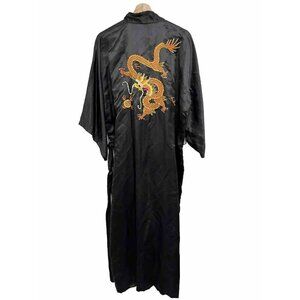 Vintage Asian Golden Silk Dragon Embroidered Chinese Robe Black Kimono One Size